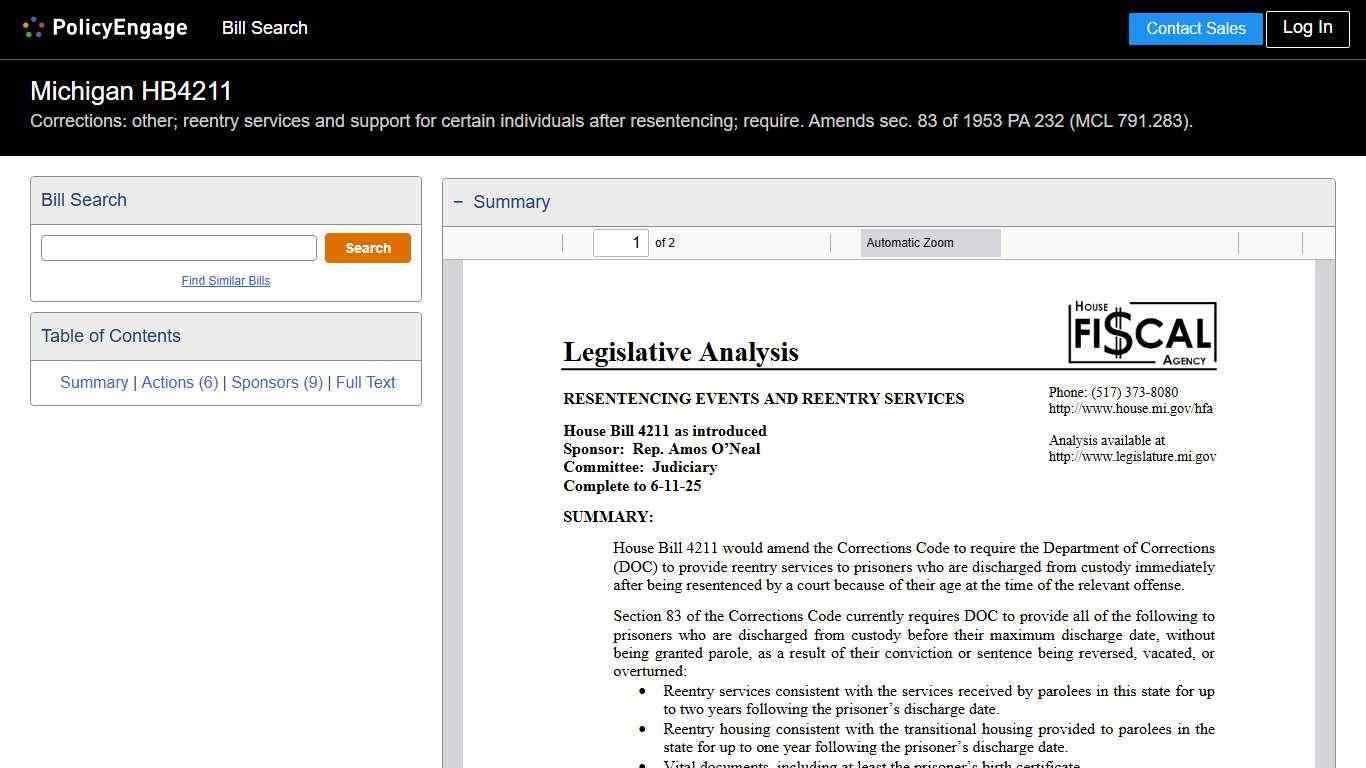 HB4211 | Michigan 2025-2026 | Corrections: other; reentry services and support for certain individuals after resentencing; require. Amends sec. 83 of 1953 PA 232 (MCL 791.283). - Legislative Tracking | PolicyEngage